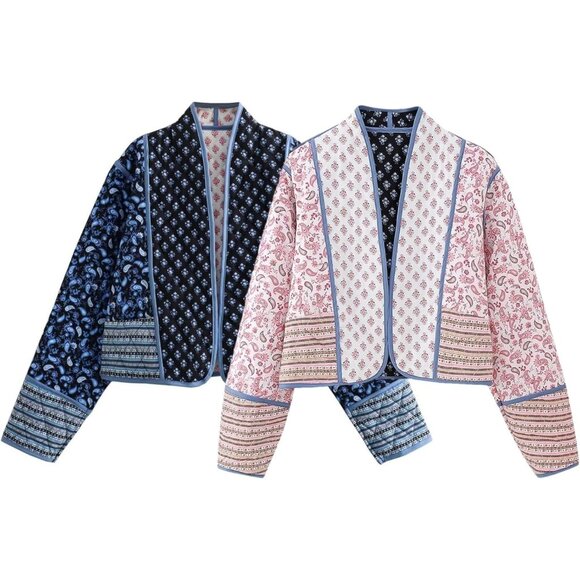 Women’s Pink Cropped Puffer Jacket Floral Printed Quilted Lightweight Coat - Picture 4 of 6